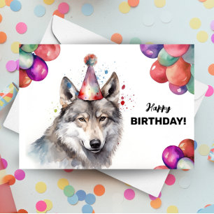 Grey Wolf Balloons and Party Hat Wild Birthday  Card