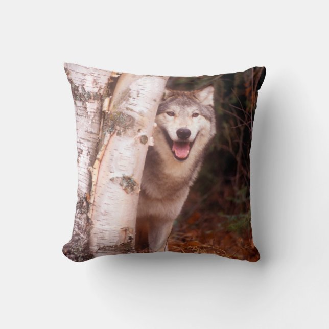 Grey Wolf Behind a Tree Throw Pillow (Front)