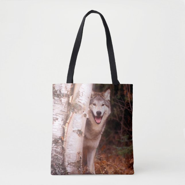 Grey Wolf Behind a Tree Tote Bag (Front)