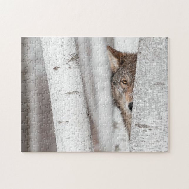 Grey Wolf (Canis lupus) Behind Tree Jigsaw Puzzle (Horizontal)