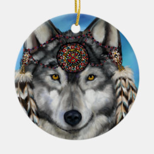 GREY WOLF CERAMIC ORNAMENT