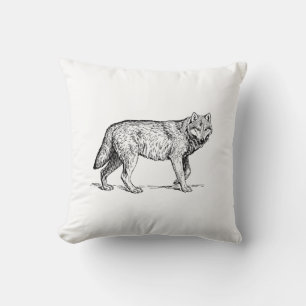 Grey Wolf Elegant Ink Drawing Throw Pillow
