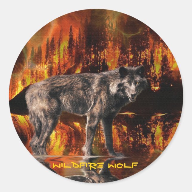 Grey Wolf & Forest Fire Survival Wildlife Art Classic Round Sticker (Front)