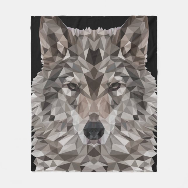 Grey Wolf Geometric Portrait Fleece Blanket (Front)