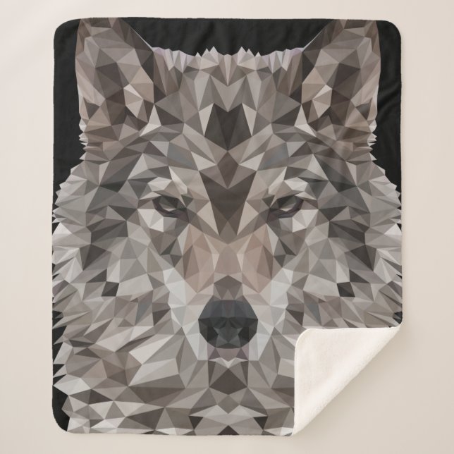 Grey Wolf Geometric Portrait Sherpa Blanket (Front)
