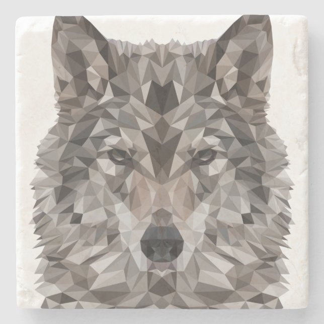 Grey Wolf Geometric Portrait Stone Coaster (Front)