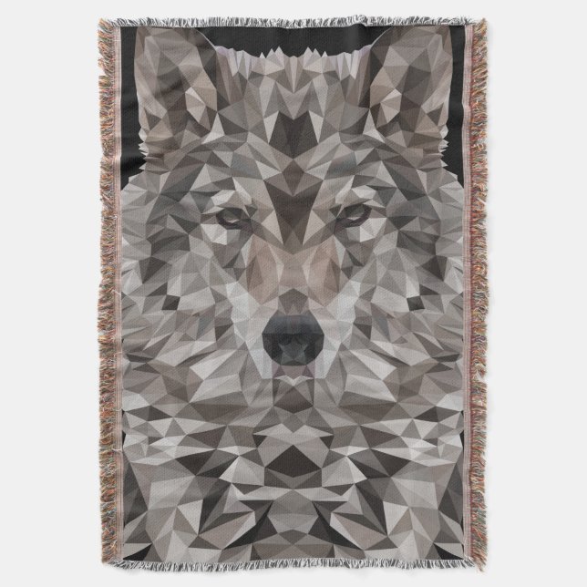 Grey Wolf Geometric Portrait Throw Blanket (Front Vertical)
