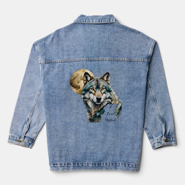 Grey Wolf & Gold Moon Teal *Personalize* Denim Jacket (Back)
