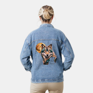 Grey Wolf & Gold Moon Teal *Personalize* Denim Jacket