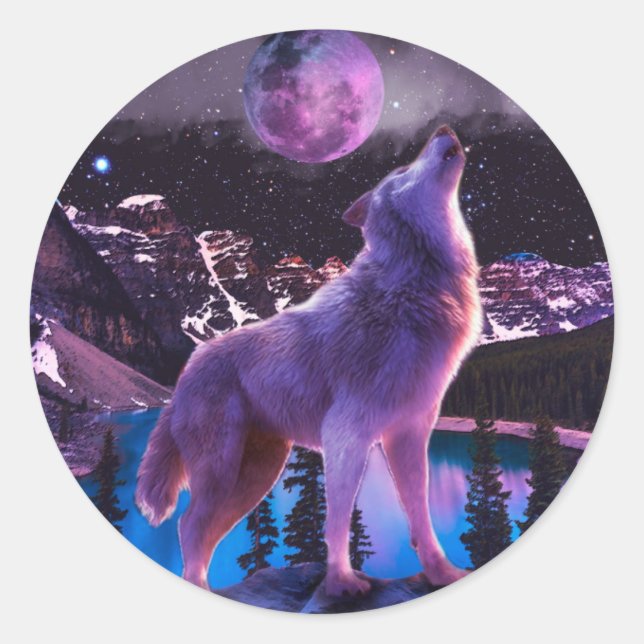 Grey wolf howling in forest classic round sticker (Front)