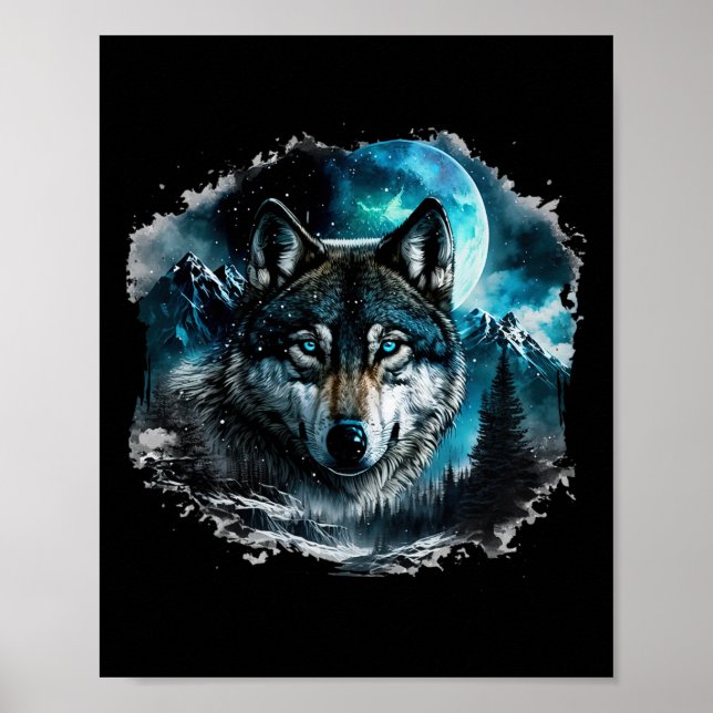 Grey Wolf Hunting Ground Icy Moon Forest Galaxy  Poster (Front)