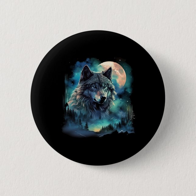 Grey Wolf Hunting Grounds Icy Moon Forest Galaxy  2 Inch Round Button (Front)
