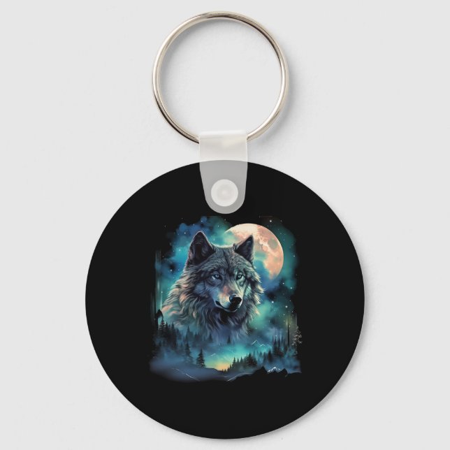 Grey Wolf Hunting Grounds Icy Moon Forest Galaxy  Keychain (Front)