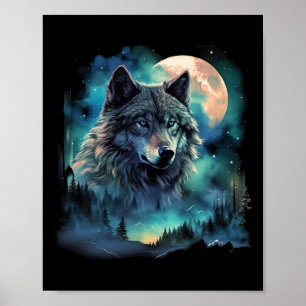 Grey Wolf Hunting Grounds Icy Moon Forest Galaxy  Poster