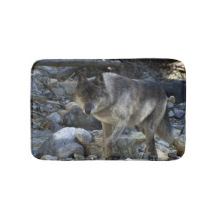 Grey Wolf Hunting in a Dry River Bed Bath Mat