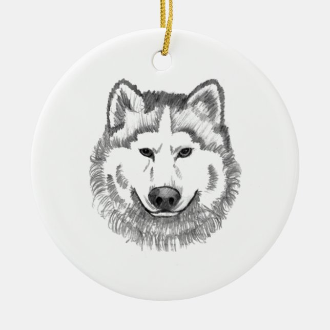 Grey Wolf Illustration Ceramic Ornament (Front)