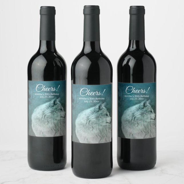 Grey Wolf in a Dark Forest Cheers Birthday Wine Label (Bottles)