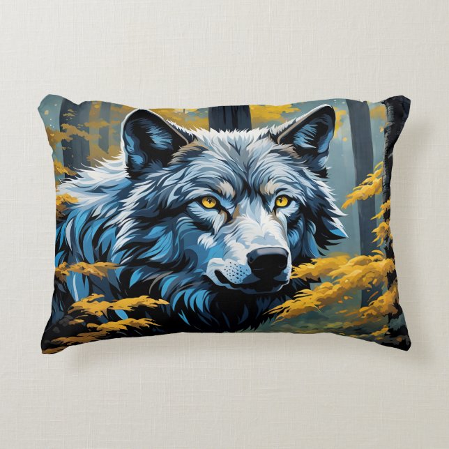 Grey Wolf in Golden Forest Accent Pillow (Front)