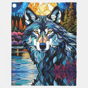 Grey Wolf in the Forest Stained Glass Look Fleece Blanket