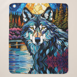 Grey Wolf in the Forest Stained Glass Look Sherpa Blanket