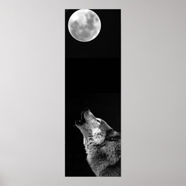 Grey Wolf & Moon Panoramic Poster Print (Front)
