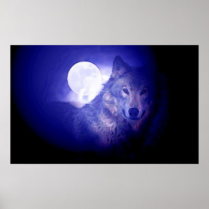 Grey Wolf & Moon Poster Print - Blue Night Wolves