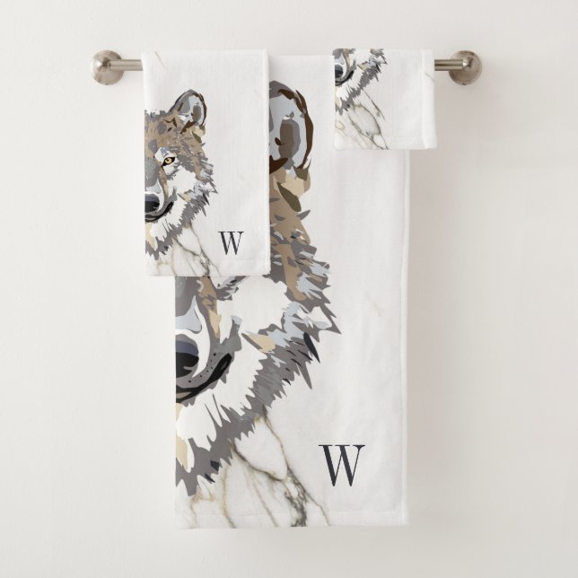 Grey Wolf On Marble Bath Towel Set (Insitu)