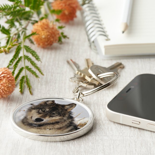 Grey Wolf or Timber Wolf Laying in the Snow Keychain (Side)