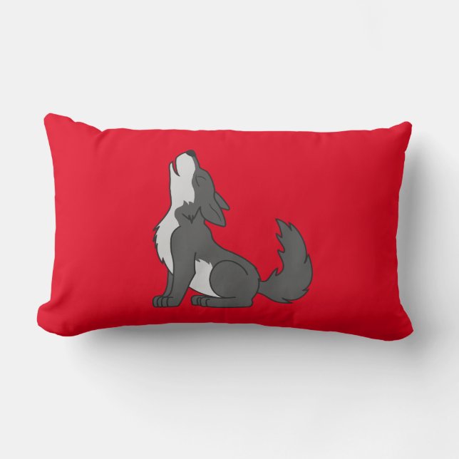 Grey Wolf Pup Howling Lumbar Pillow (Front)