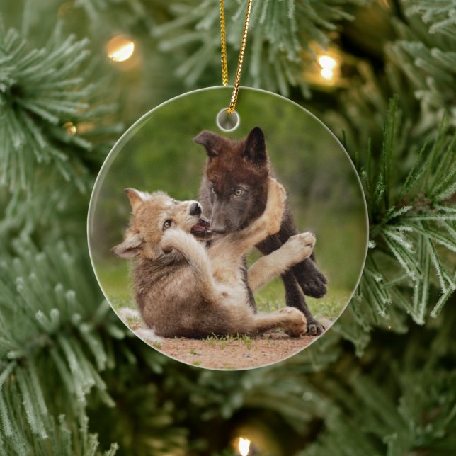 Grey Wolf Pups Wrestling Ceramic Ornament (Tree)