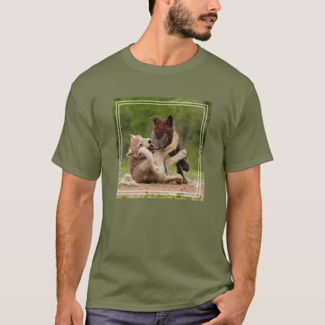 Grey Wolf Pups Wrestling T-Shirt (Front)