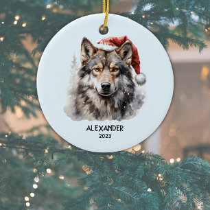 Grey Wolf Red White Santa Hat Personalized Ceramic Ornament