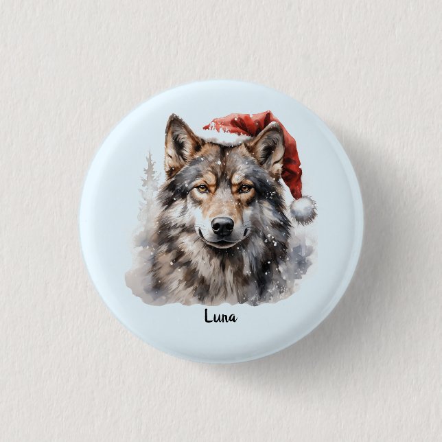 Grey Wolf Santa Hat Personalized Christmas 1 Inch Round Button (Front)