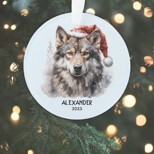 Grey Wolf Santa Hat Personalized Christmas Ornament