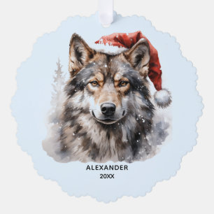 Grey Wolf Santa Hat Personalized Christmas Ornament Card