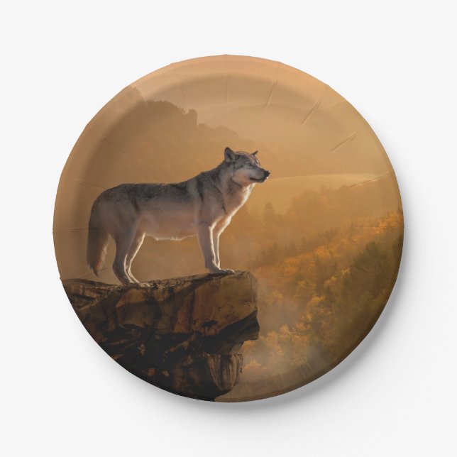 Grey wolf standing on a rock in the forest paper plate (Front)