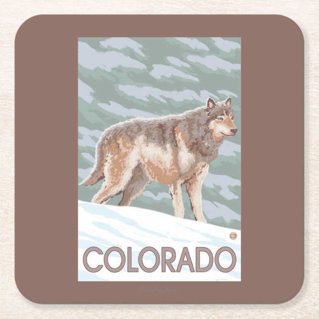 Grey Wolf StandingColorado Square Paper Coaster (Front)