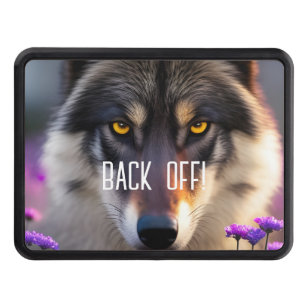 Grey wolf Stare - Purple flowers -back off Trailer Hitch Cover