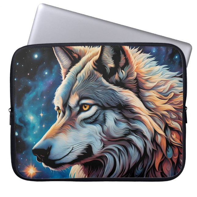 Grey Wolf Starry Night Portrait Laptop Sleeve (Front)
