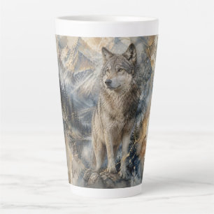 Grey Wolf Watercolor Mountains Wilderness Latte Mug