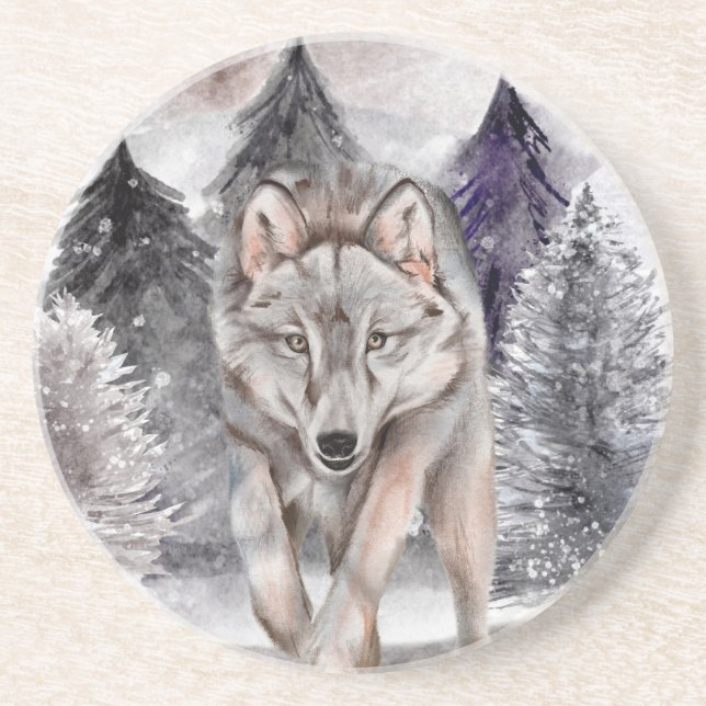 Grey Wolf Watercolor Winter Forest Stone Coaster (Front)