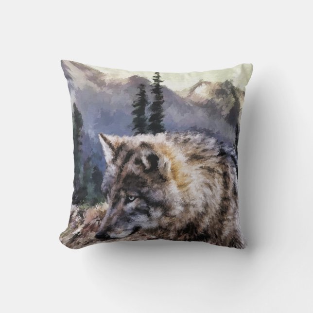 Grey Wolf Wilderness Picture Throw Pillow (Front)