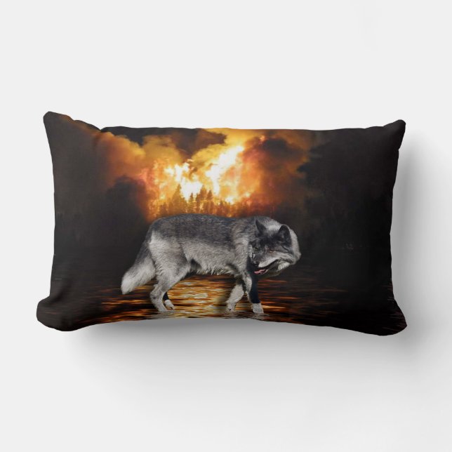Grey Wolf Wildlife and Forest Fire Survivor Lumbar Pillow (Front)