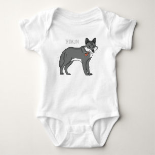 Grey wolf with pipe cartoon illustration baby bodysuit