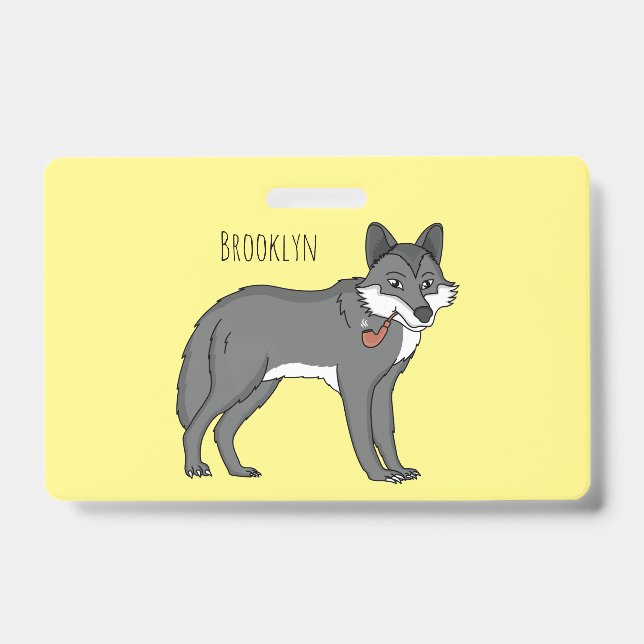 Grey wolf with pipe cartoon illustration badge (Front)