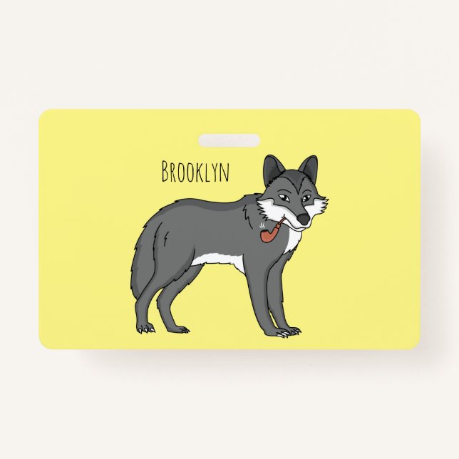 Grey wolf with pipe cartoon illustration badge (Front)