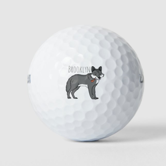 Grey wolf with pipe cartoon illustration golf balls (Front)