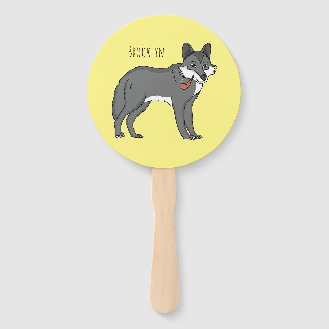 Grey wolf with pipe cartoon illustration  hand fan (Front)