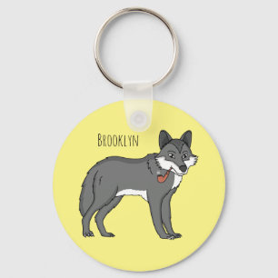 Grey wolf with pipe cartoon illustration keychain