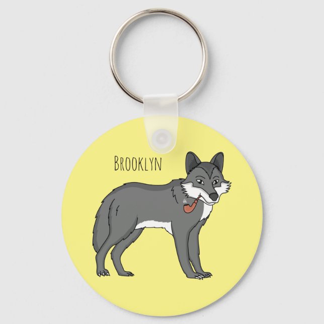 Grey wolf with pipe cartoon illustration keychain (Front)